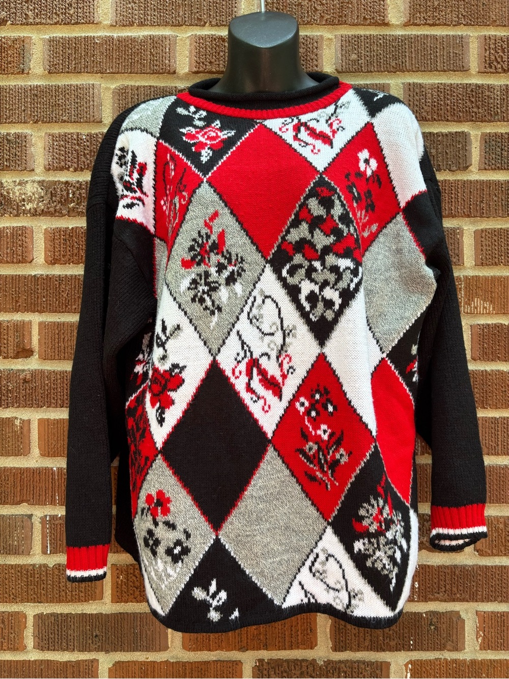 Dana Scott Vintage 1980's Ugly Christmas Sweater Red Black White Argyle USA Sz L